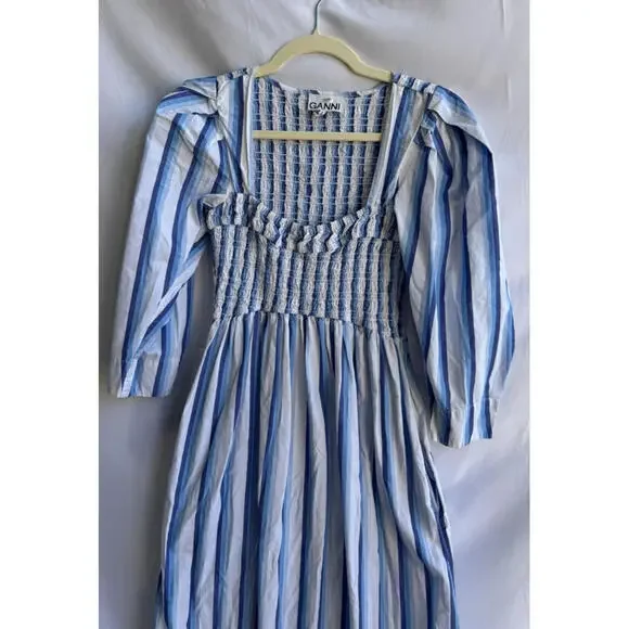 GANNI Blue Striped Cotton Smock Midi Dress Size 36 with Stains - Picture 5 of 12